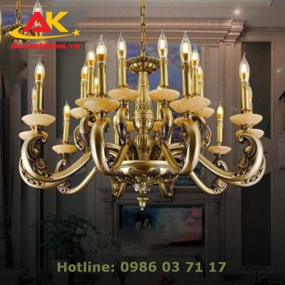 Đèn chùm đồng, chao đá tự nhiên cao cấp, trang trí phòng khách 8209T20